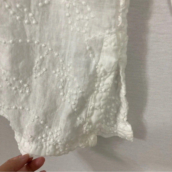 120% Lino White Y Neck Linen Side Slit Embroidered Dot Blouse size US 10 - Picture 4 of 12